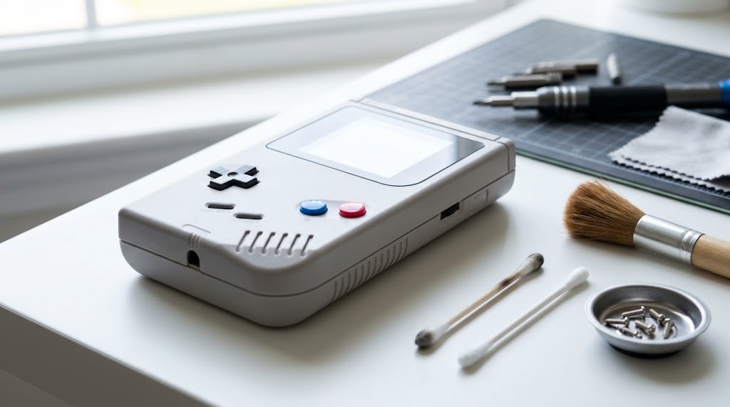 Retro handheld game player restored to look new on a clean white desk