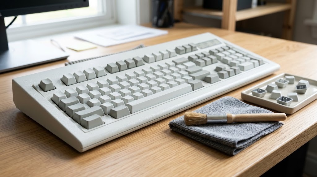 Old computer keyboard restored to clean white with keycaps drying in a tray