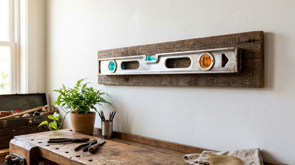 Broken old spirit level polished and turned into wall art on a reclaimed wood plank