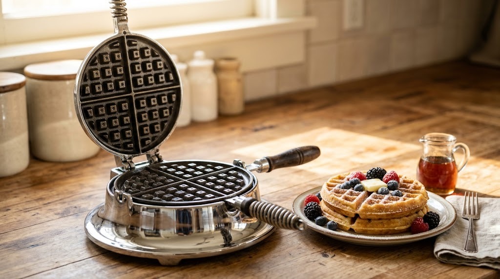 Rusty restoration projects result: a shiny vintage waffle iron next to a plate of waffles and berries
