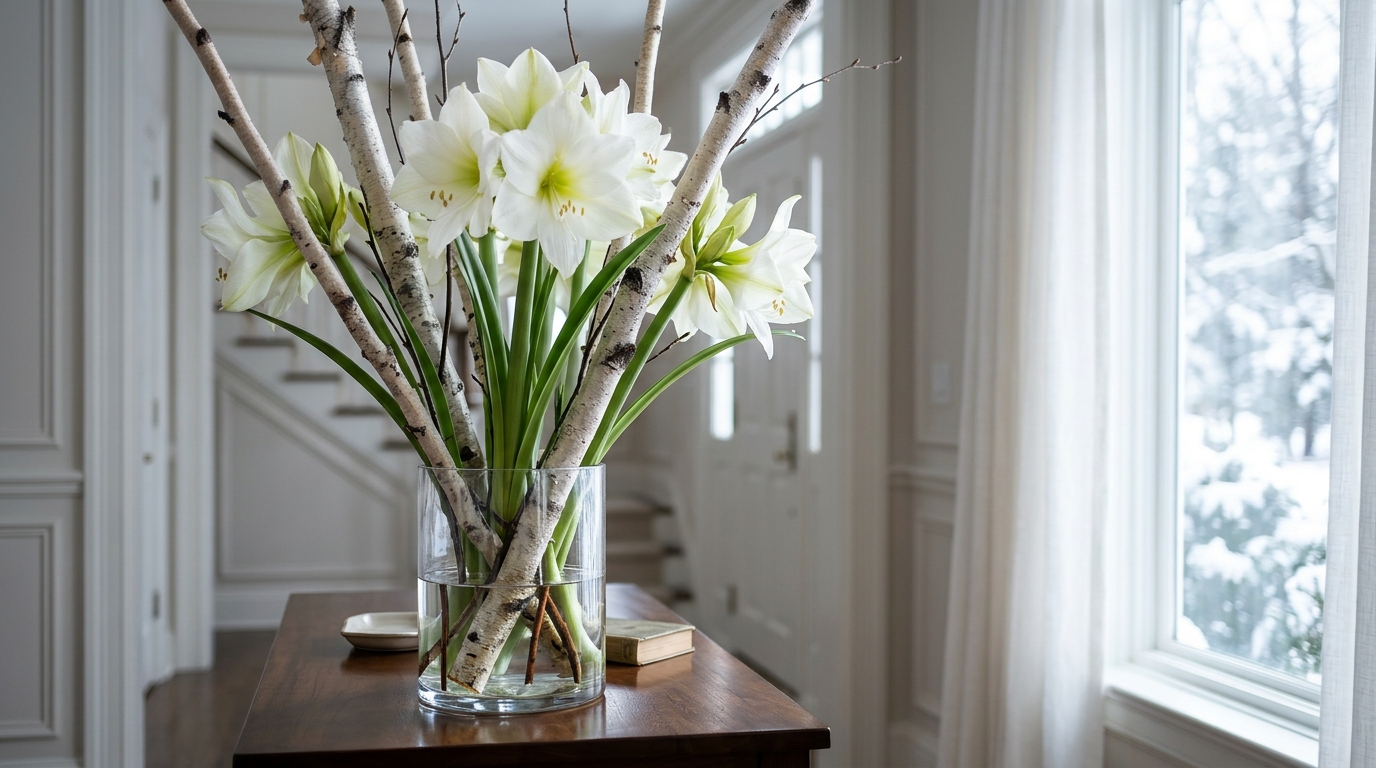 Tall white amaryllis flowers with birch branches in a clear vase near a window