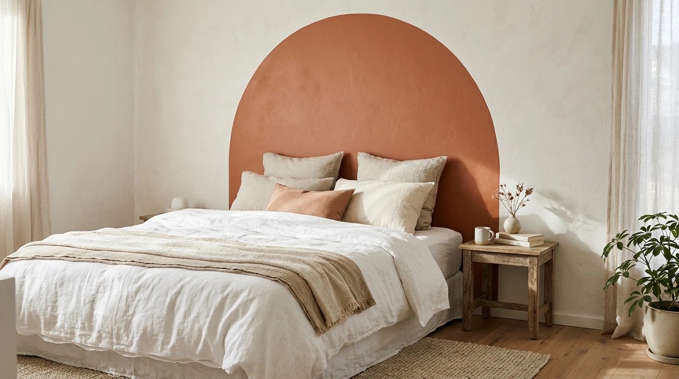 Painted wall designs with a terracotta arch as a headboard behind a bed