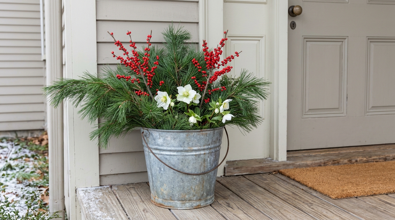 Christmas flower arrangements of pine trimmings, red berries and white flowers in a galvanized bucket on a porch