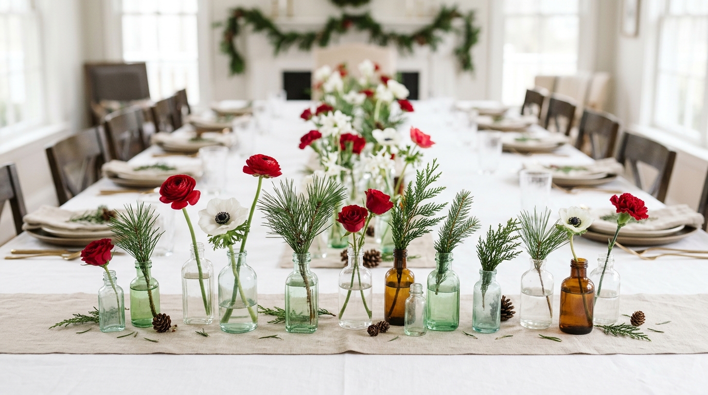 Small bud vases with single red and white flowers lined down a holiday table
