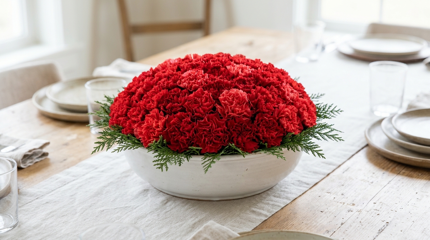 Red carnations packed tightly into a low white bowl with small evergreen sprigs