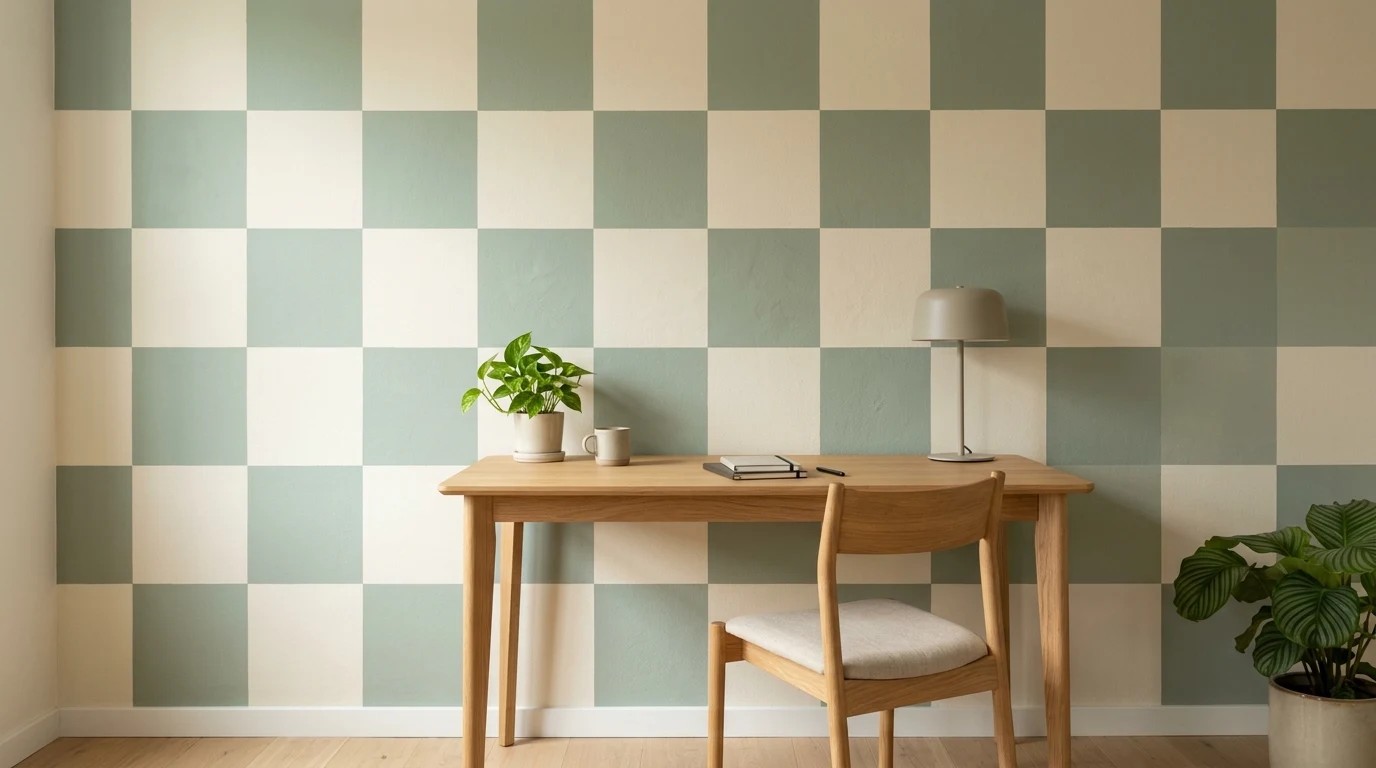 Painted wall designs with a sage and cream checkerboard behind a desk