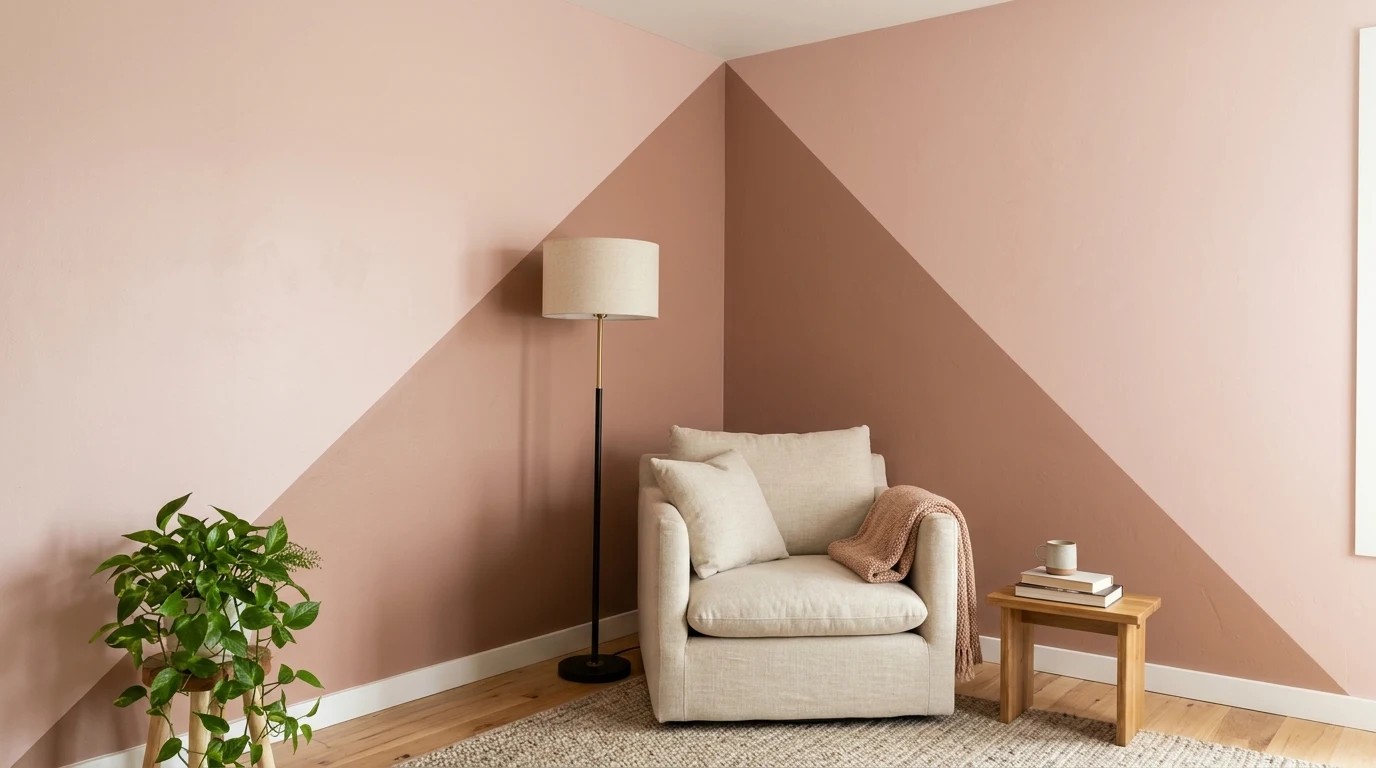 Reading corner with blush and clay color block painted walls