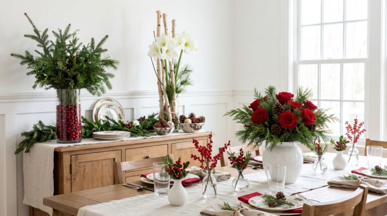 Christmas flower arrangements with red roses, white amaryllis, evergreen and cranberries on a holiday dining table