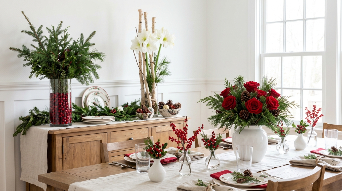 Christmas flower arrangements with red roses, white amaryllis, evergreen and cranberries on a holiday dining table