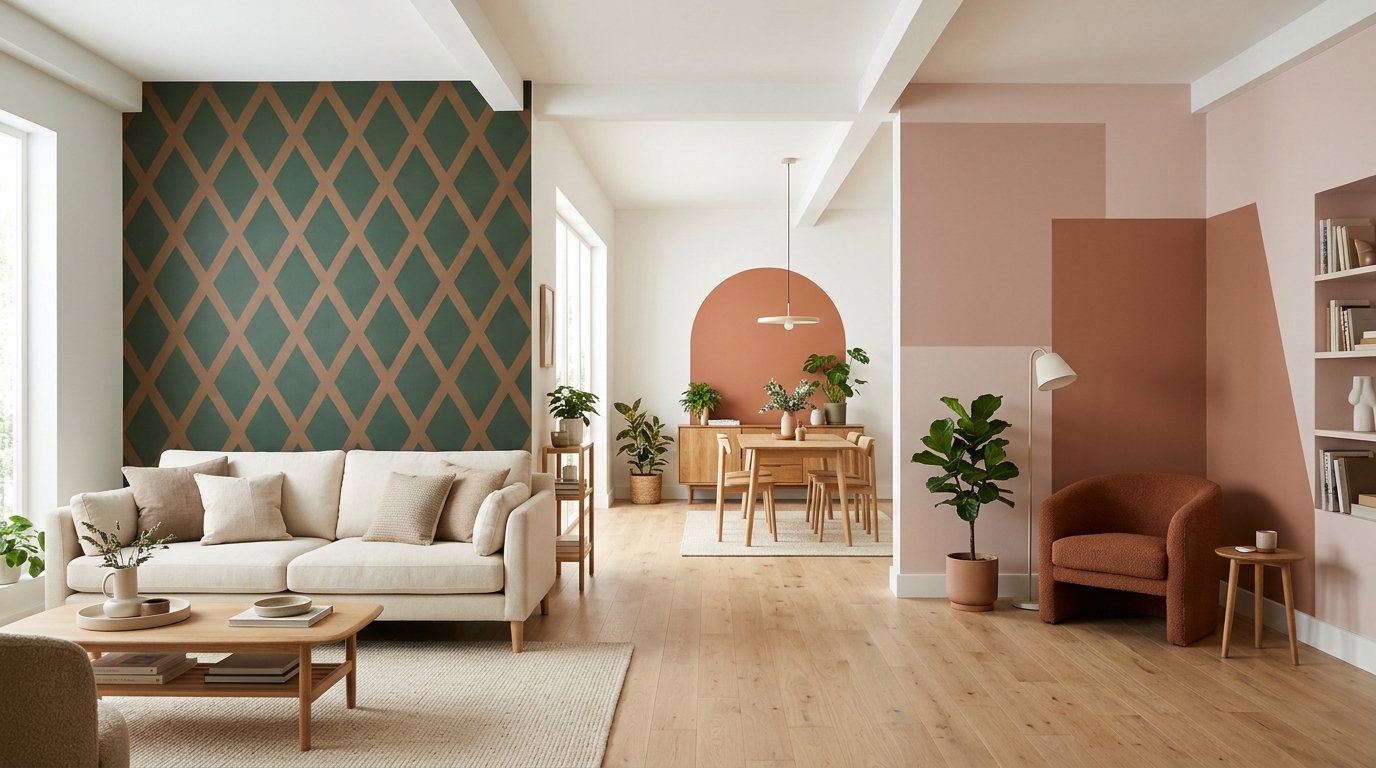 Painted wall designs in an open plan home with a green and brown diamond lattice wall, a terracotta arch and a color block corner