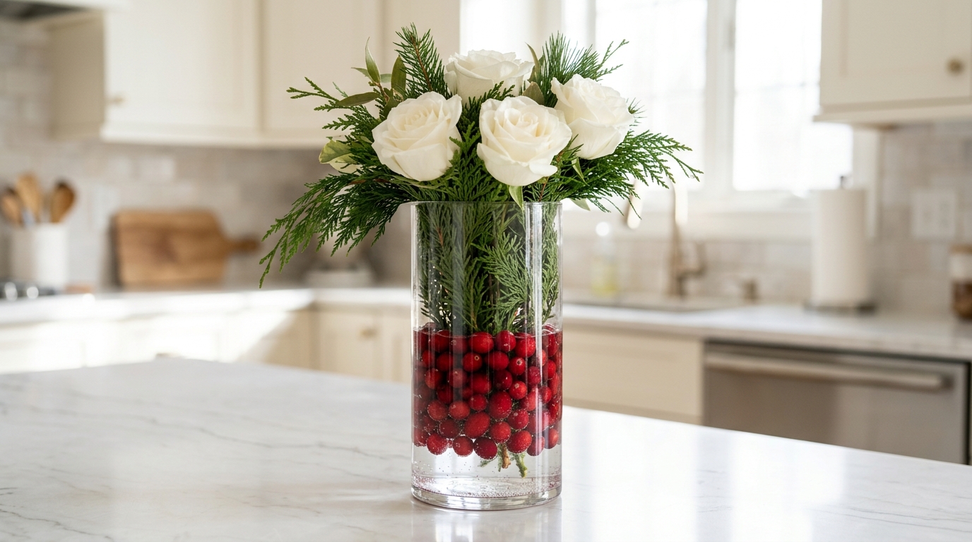Christmas flower arrangements idea with fresh cranberries under water and evergreen stems in a tall glass vase