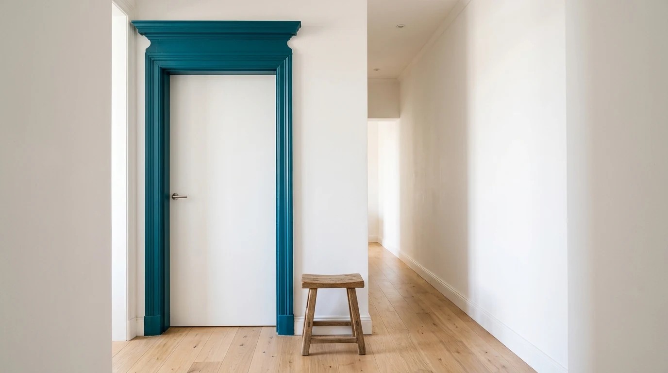 White hallway with one door frame painted bold teal