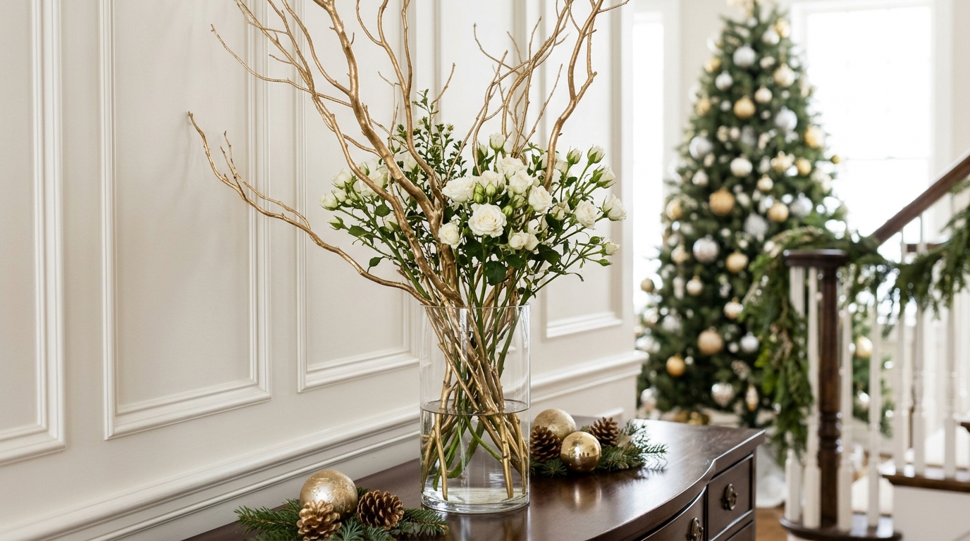 Curly bare branches with white spray roses in a tall clear vase on a white console table