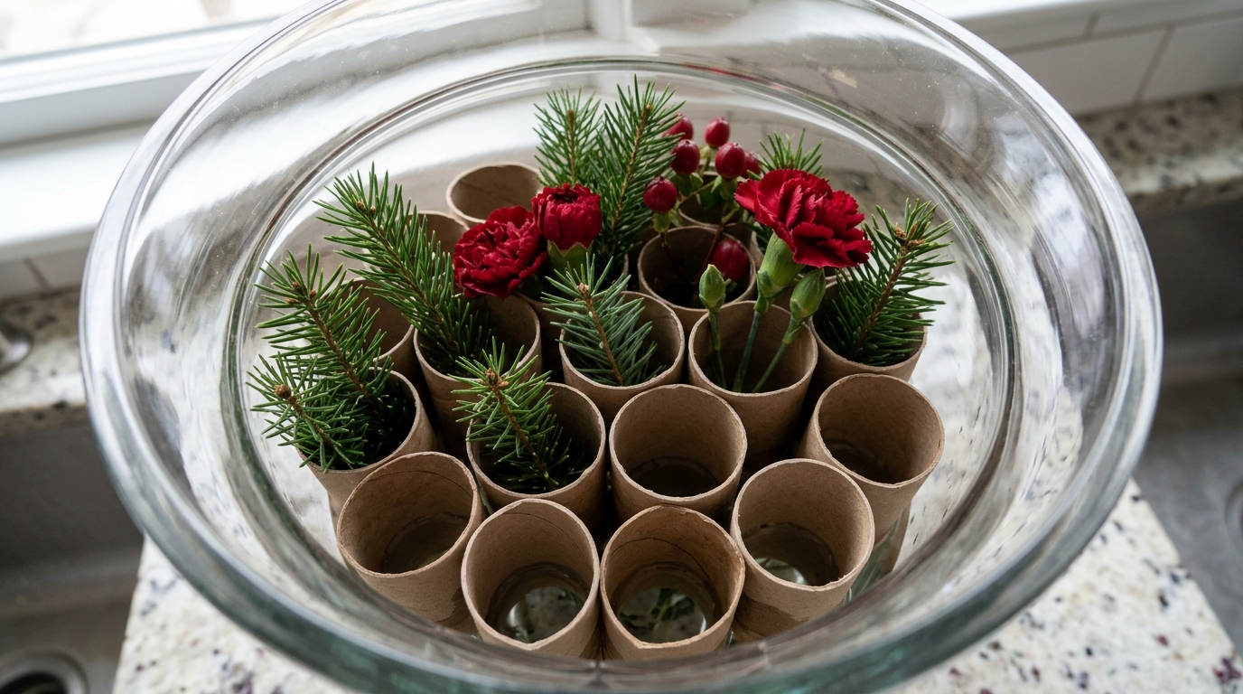 Cardboard tube cut into rings placed inside a vase to hold holiday stems upright