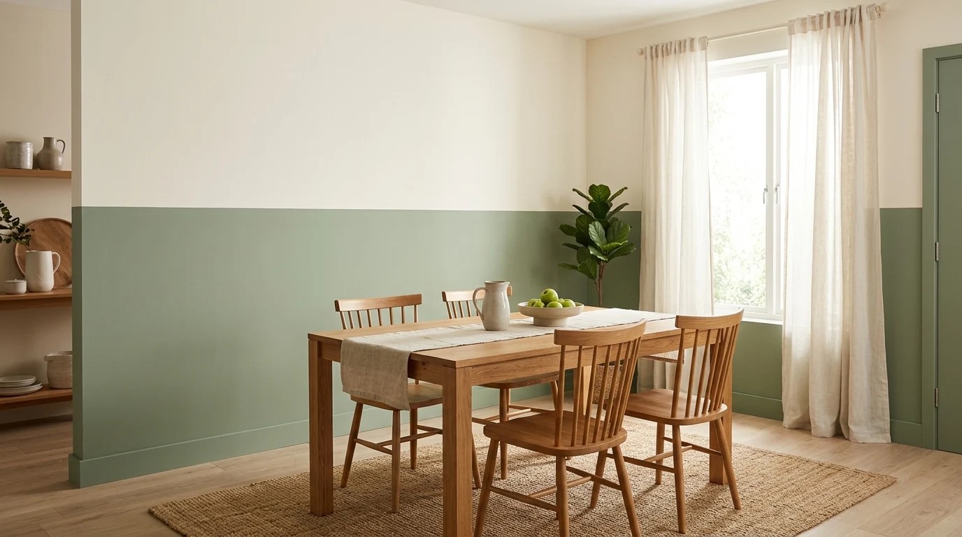 Dining room with a half painted sage green wall and a clean horizontal line