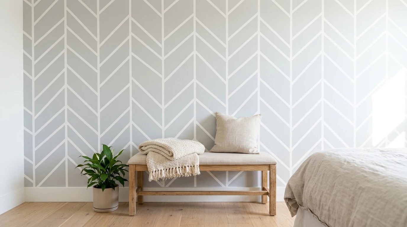 Bedroom wall with a pale grey painted herringbone pattern
