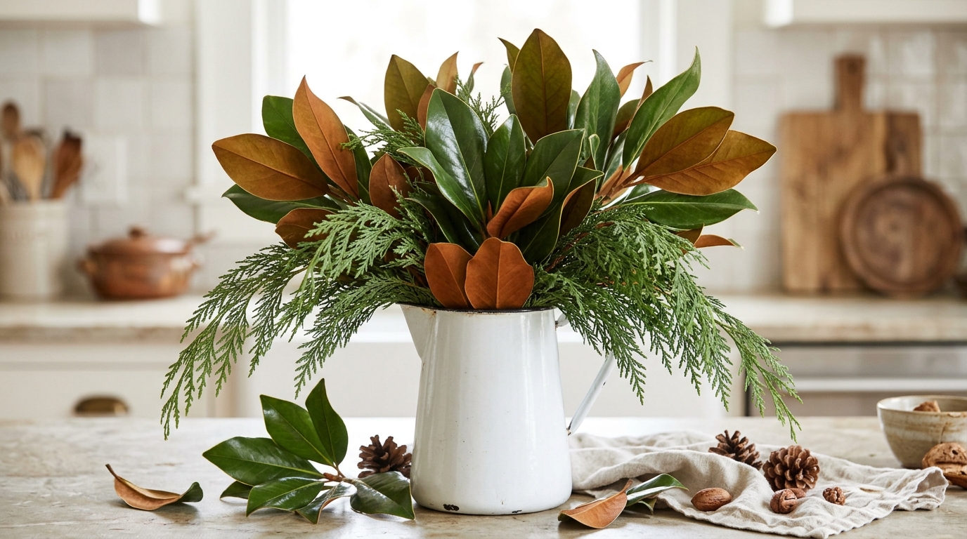 Magnolia leaves and cedar branches in a white enamel pitcher on a kitchen counter