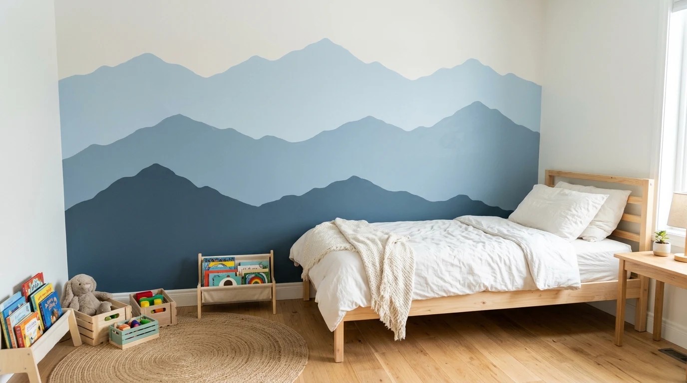 Kids bedroom wall with a painted mountain range in three blue shades