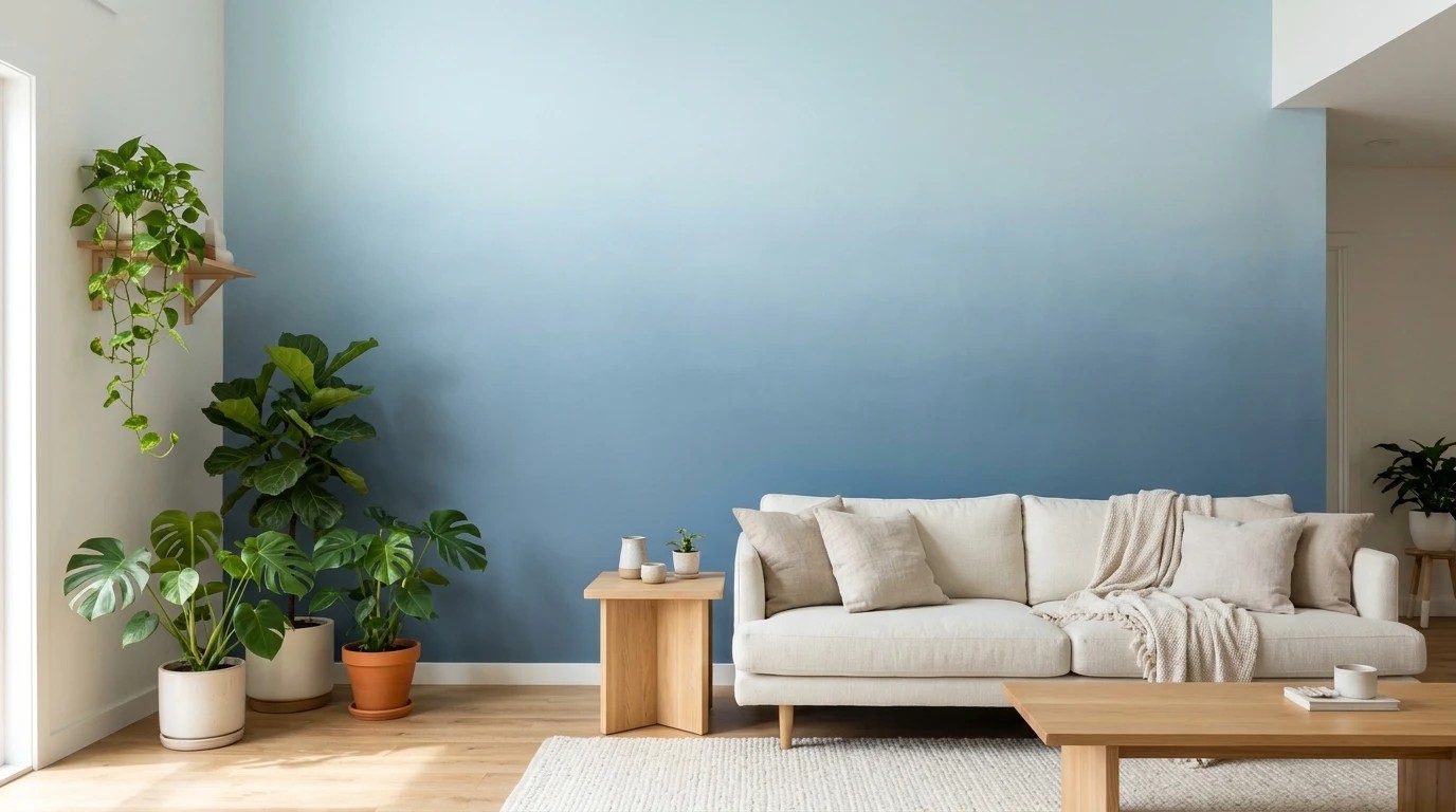 Painted wall designs with a blue ombre fade behind a sofa