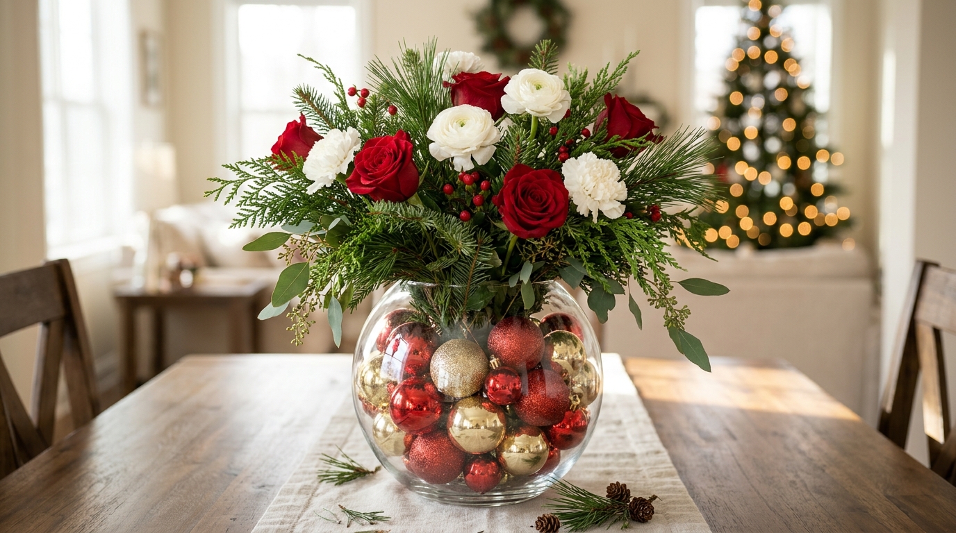 Christmas flower arrangements in a bubble vase filled with red and gold ornaments with flowers on top