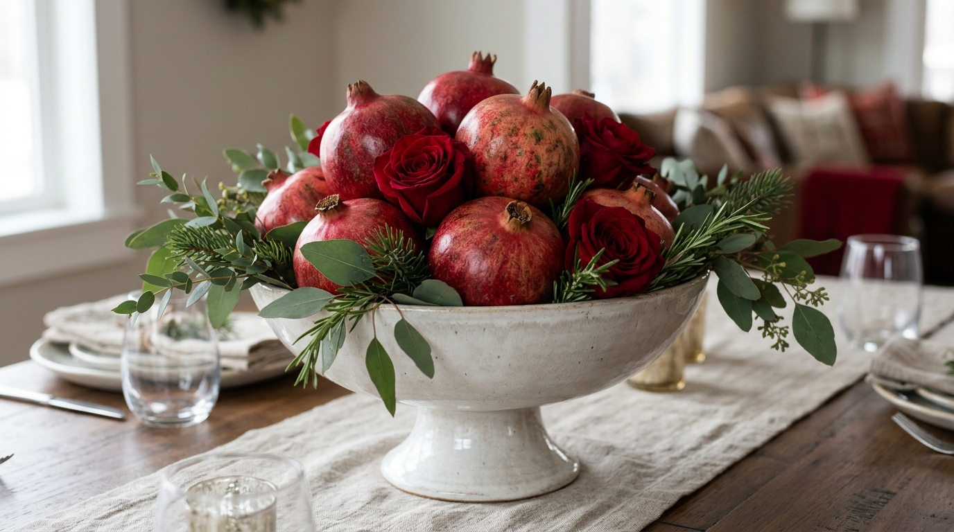 Footed bowl with pomegranates, greenery and red flowers as a holiday centerpiece