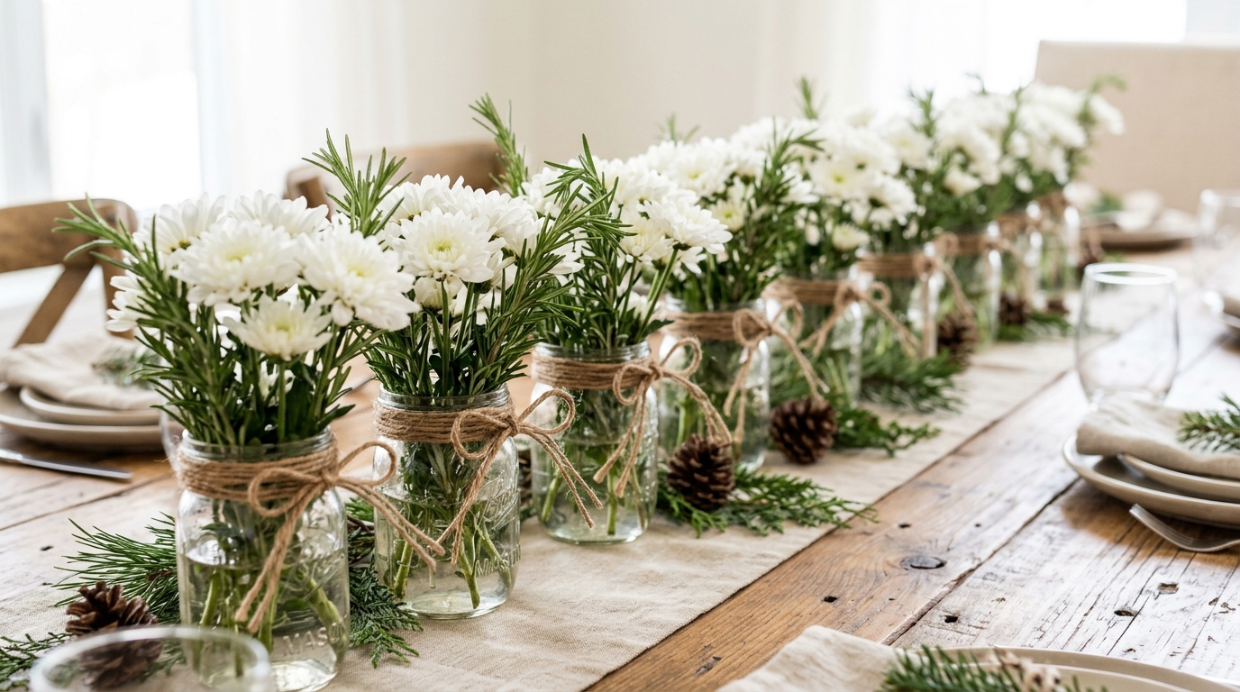 Christmas flower arrangements of white mums and rosemary in small mason jars tied with twine