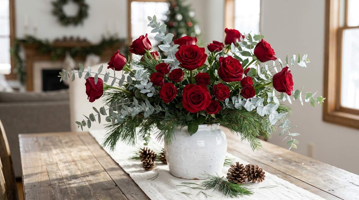 Red roses mixed with eucalyptus and pine branches in a white ceramic vase