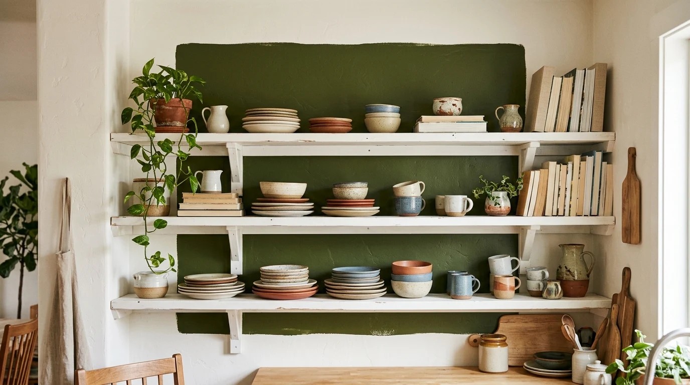 Open white shelves in front of a painted olive green backdrop