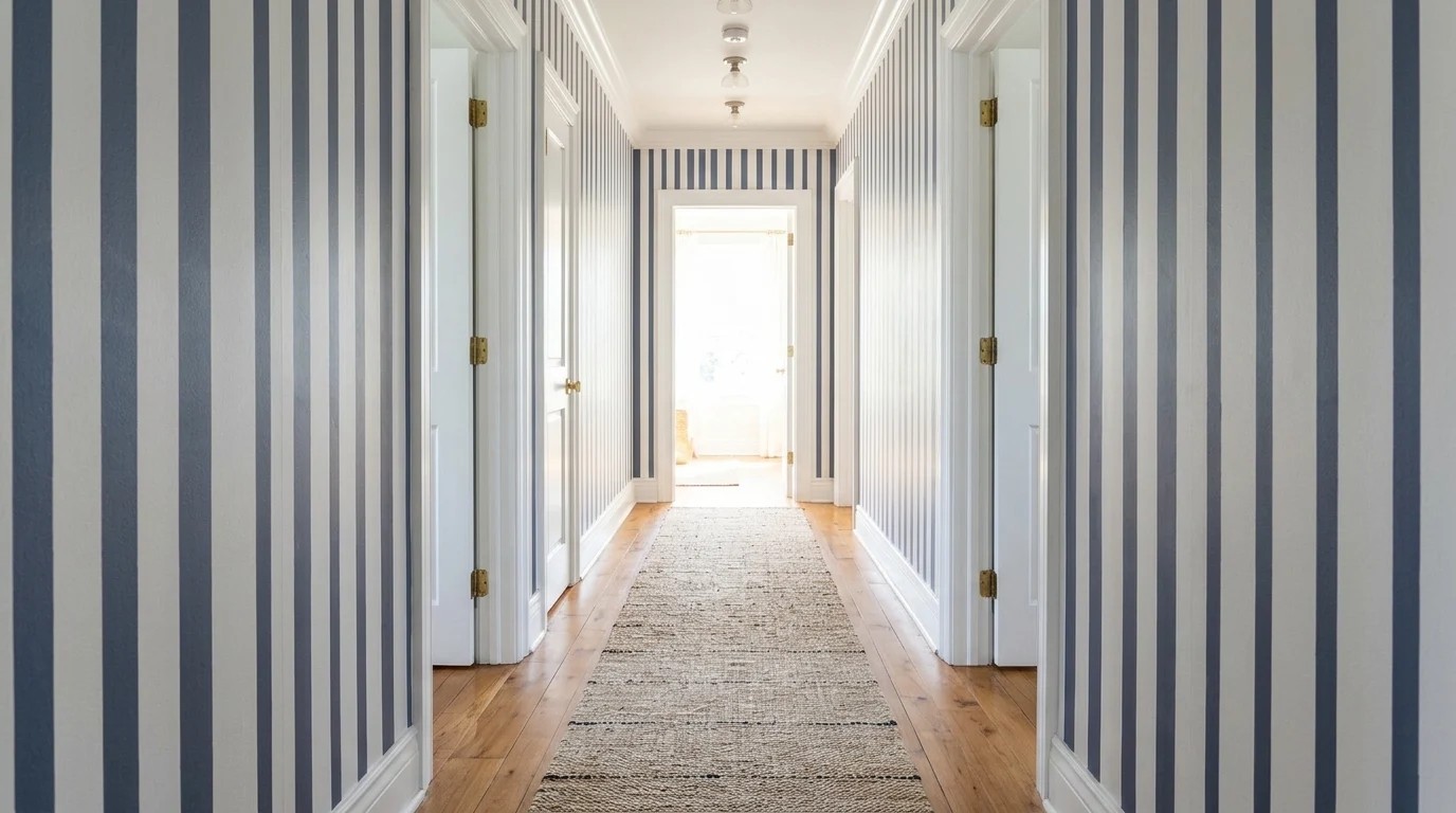 Narrow hallway with navy and white vertical painted stripes