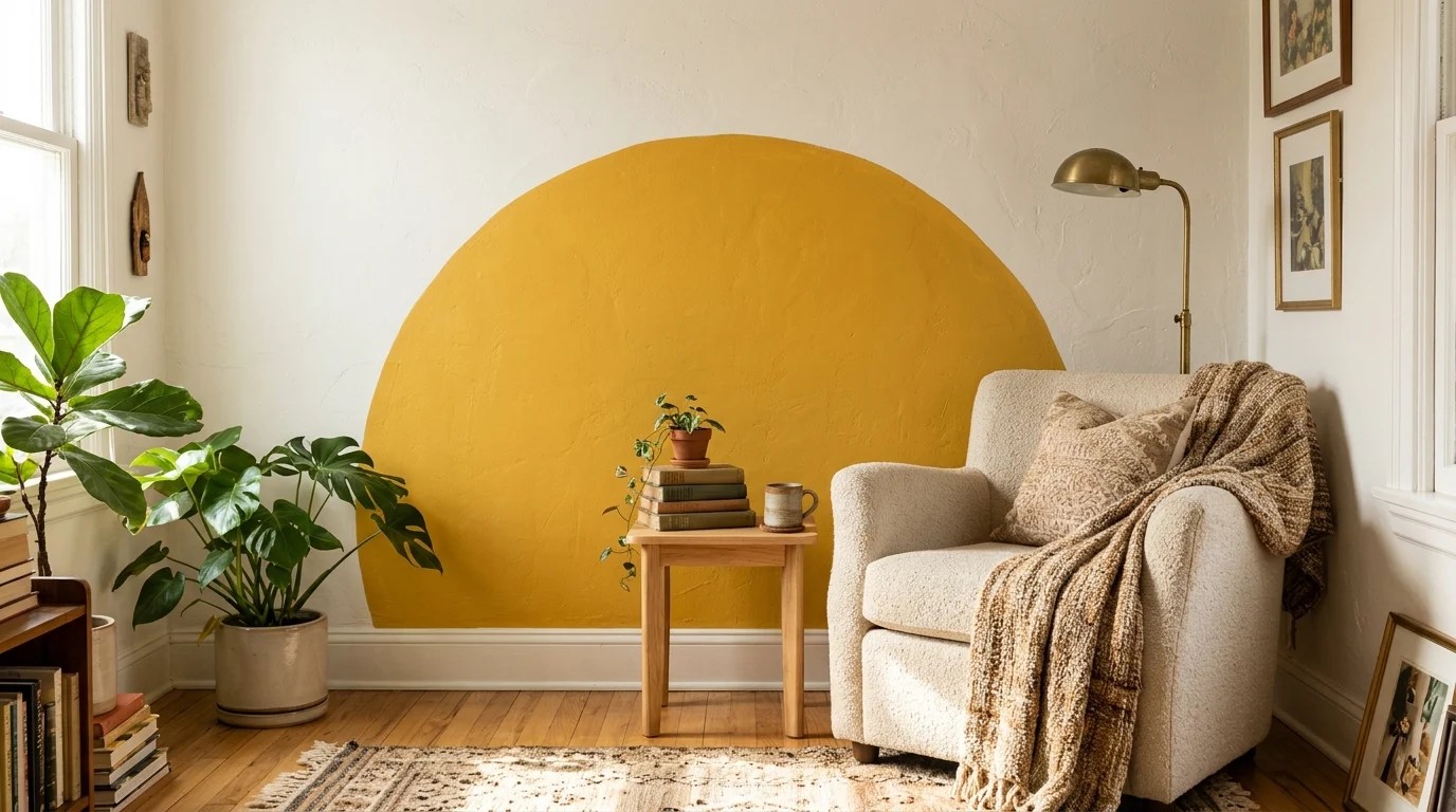 Painted wall designs with a mustard yellow half sun behind an armchair