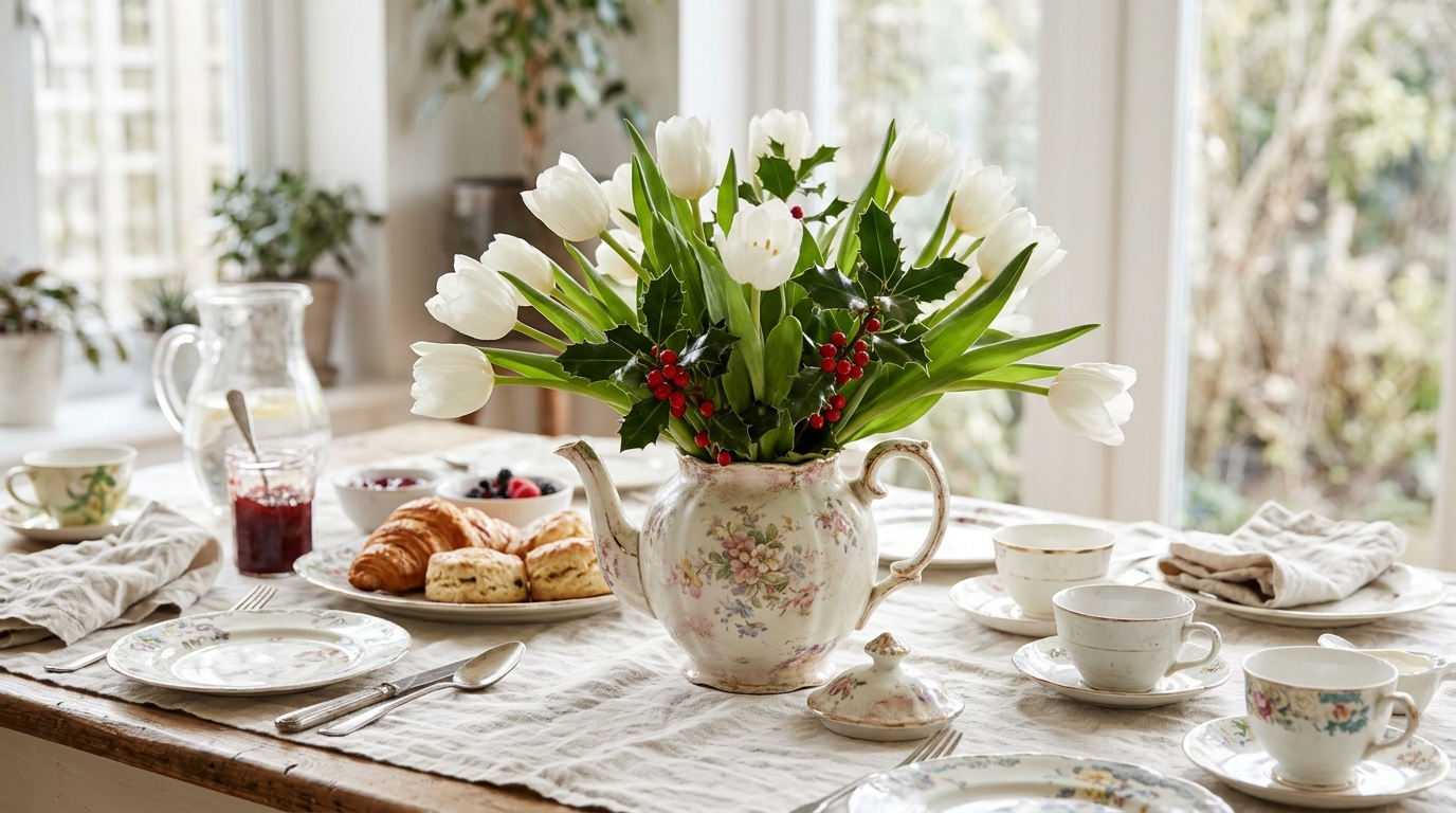 White tulips and holly sprigs arranged in a vintage floral teapot