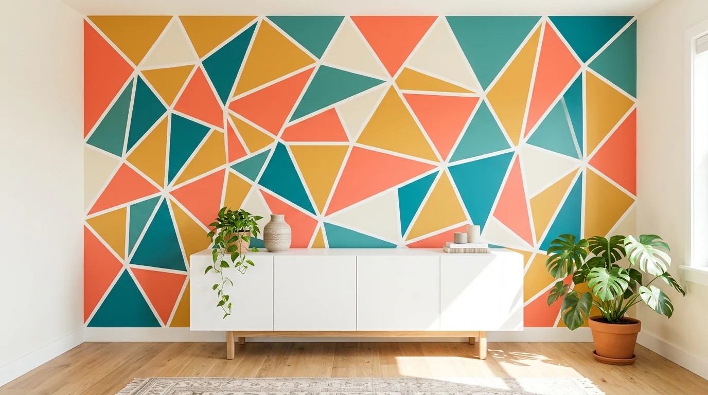 Triangle mosaic accent wall in coral, mustard and teal