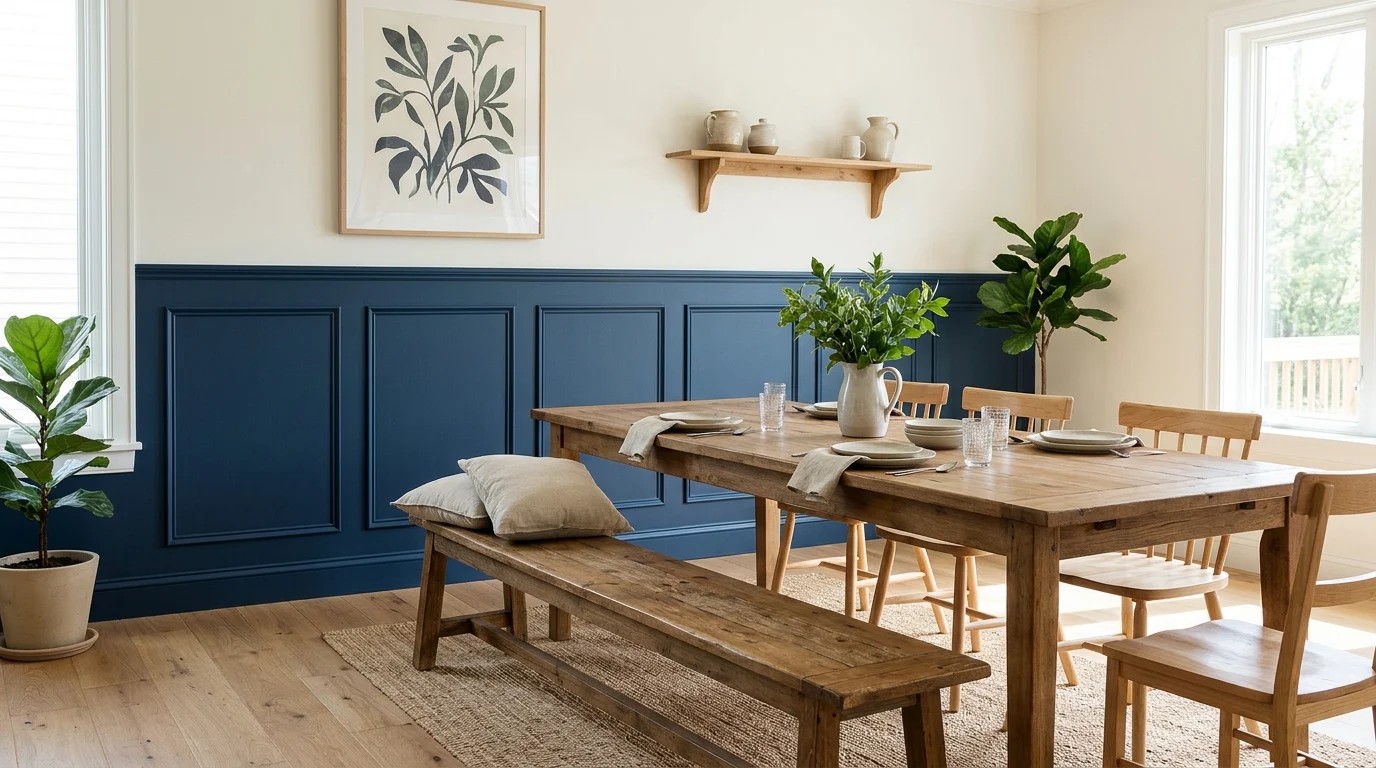 Faux wainscoting painted in deep blue panels in a dining room