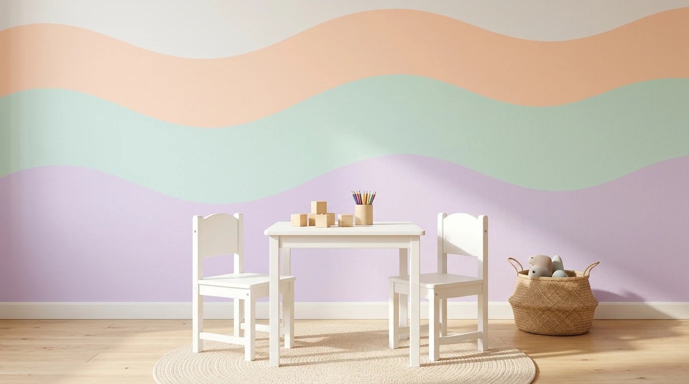 Painted wall designs with pastel wavy lines in a playroom