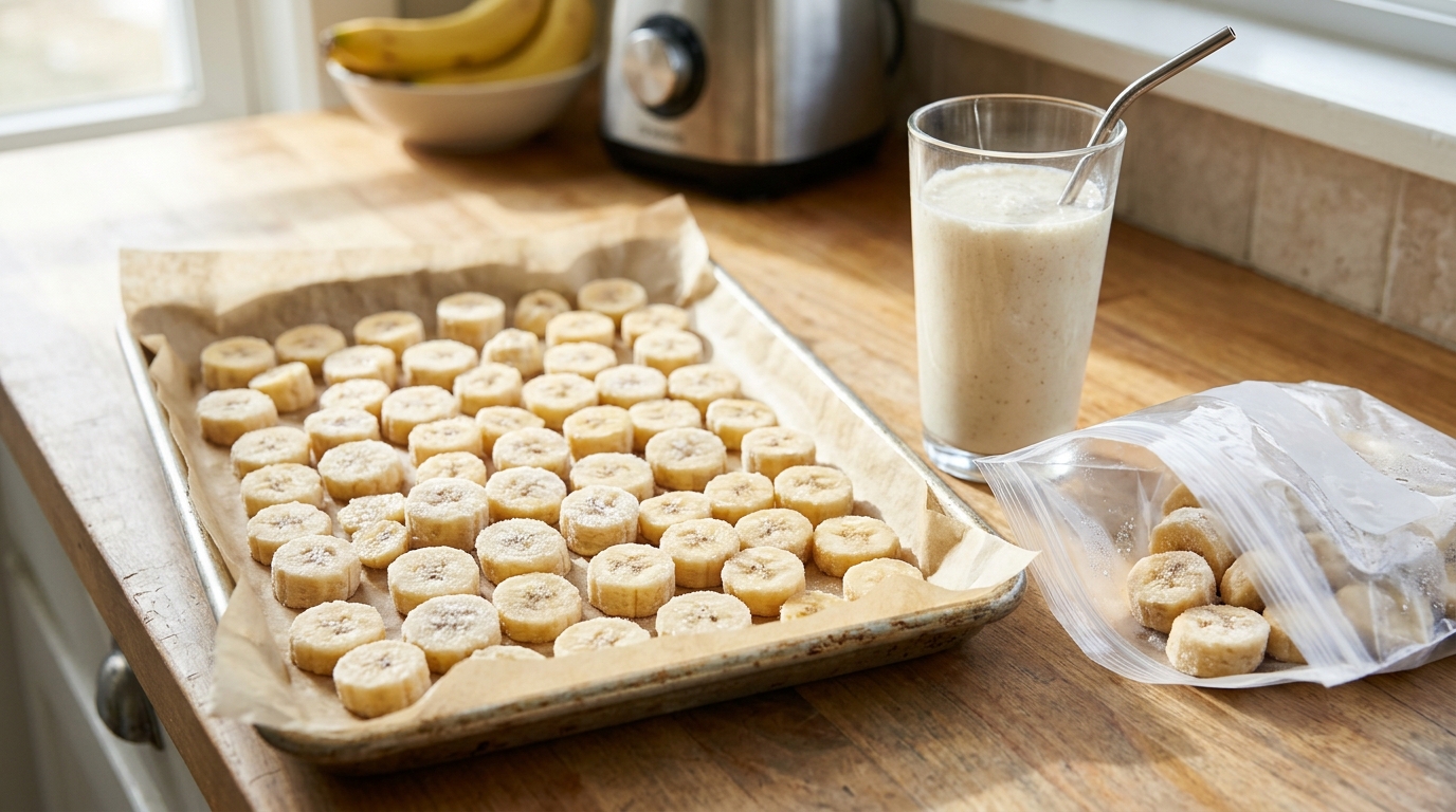 Frozen banana coins on a tray beside a banana smoothie