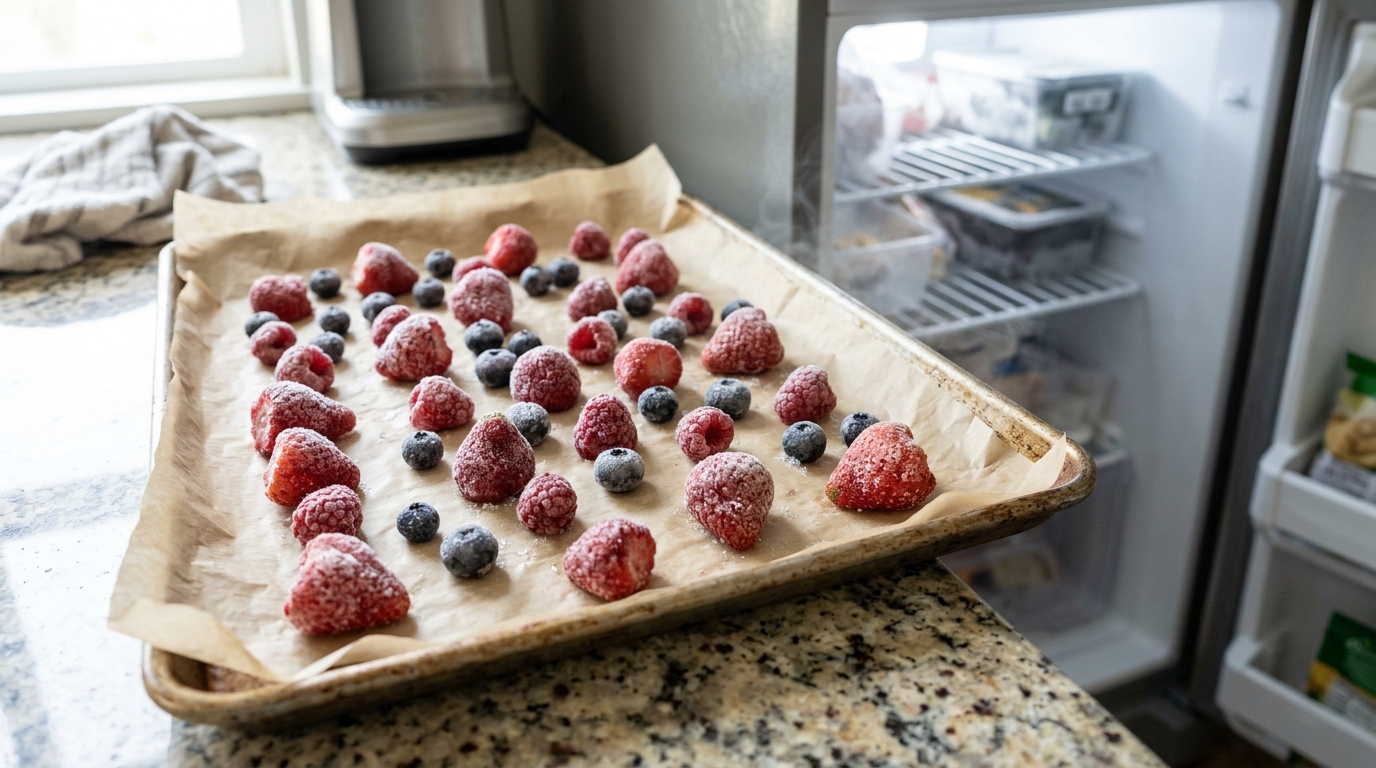 Freezer storage tricks tray of flash frozen strawberries, blueberries and raspberries
