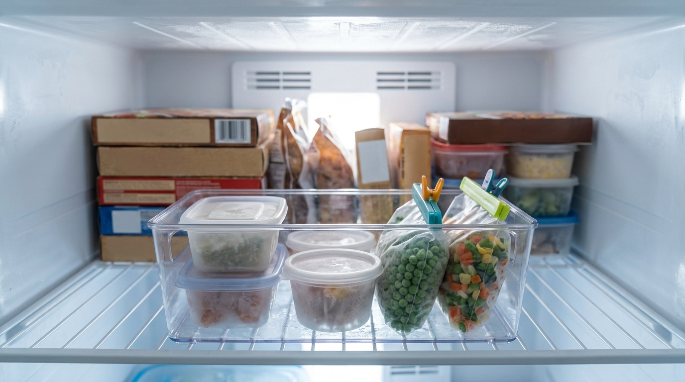 Shallow clear use first bin at the front of a freezer shelf