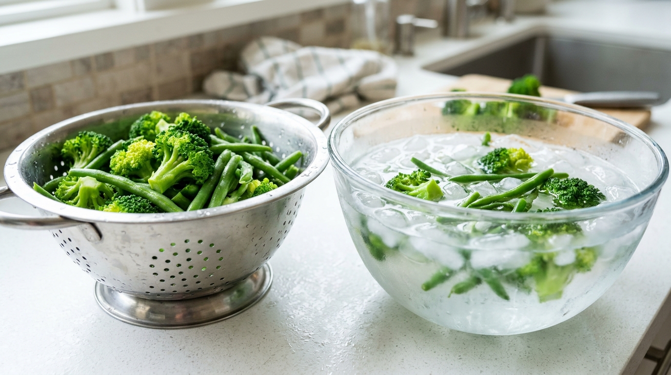 Blanched broccoli and green beans beside a bowl of ice water