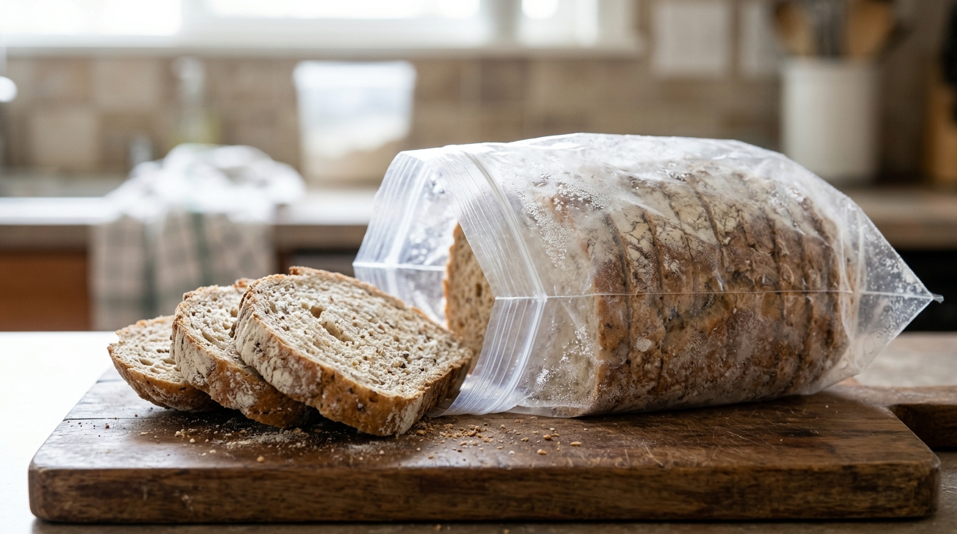 Freezer storage tricks with a sliced loaf of bread in a freezer bag