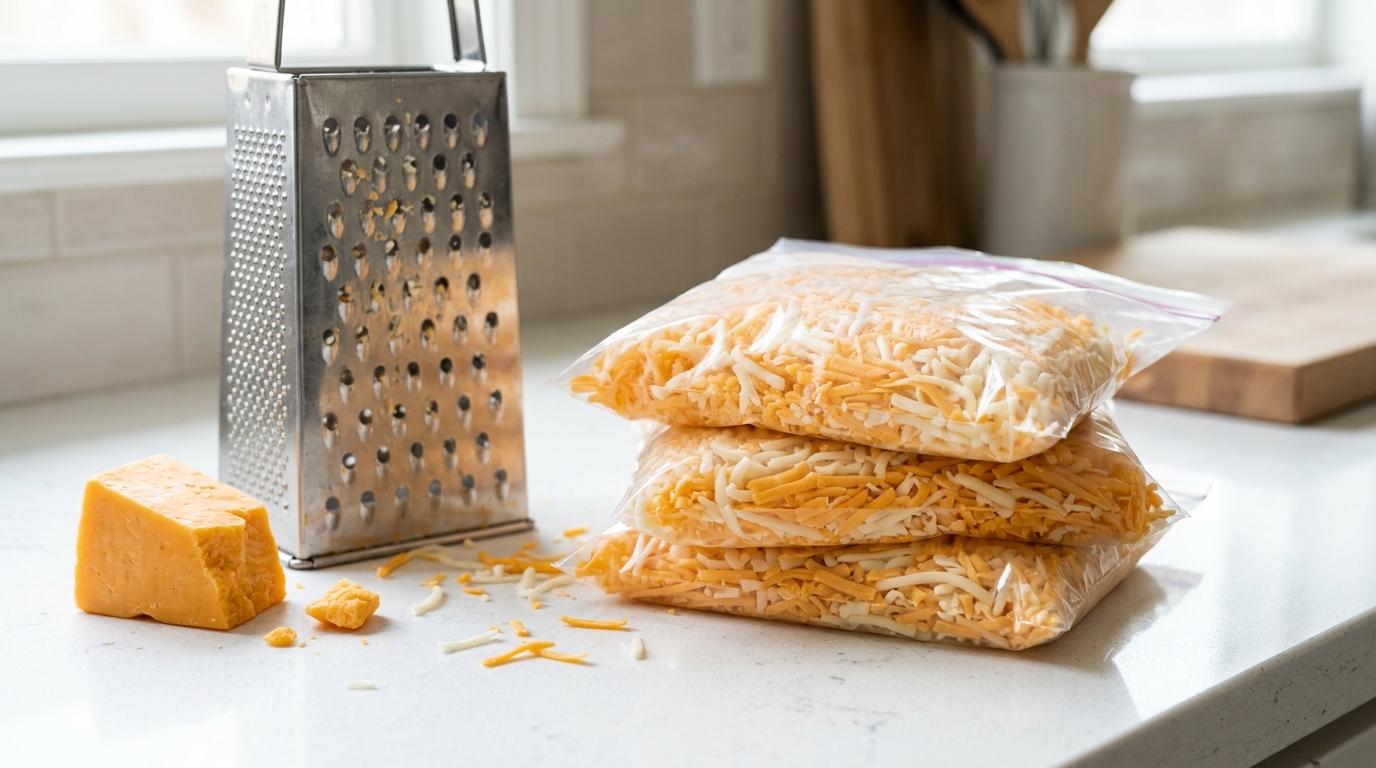 Small flat bags of grated cheese ready for the freezer