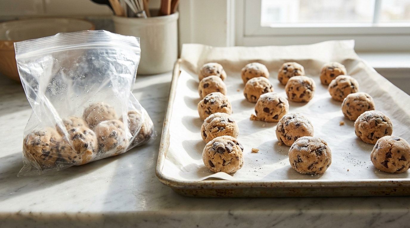 Frozen cookie dough balls on a parchment lined tray
