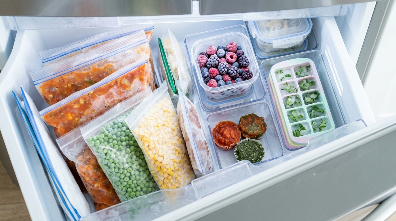 Freezer storage tricks with flat bags filed upright, berries, herb cubes and portions in an organized freezer drawer