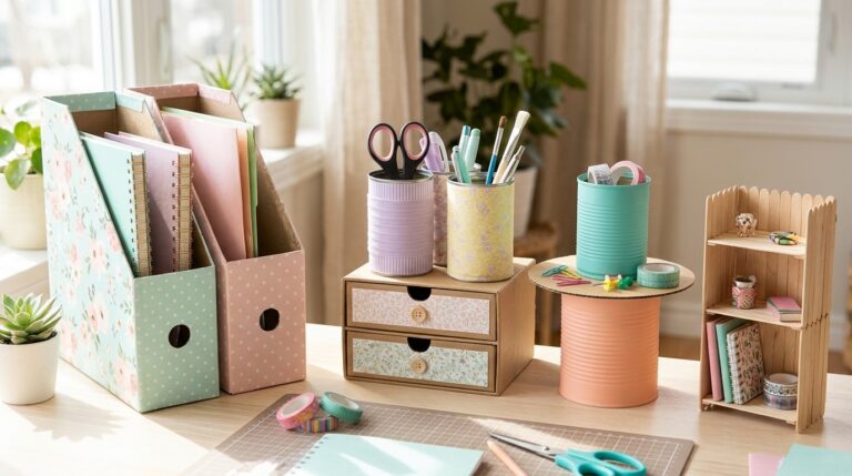 DIY desk organizers on a tidy desk: fabric pen cups, paper file holders, a drawer box and a tin can tray