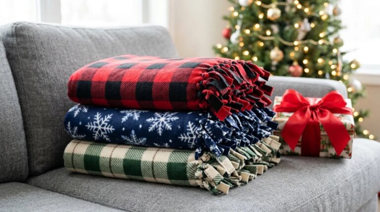 Fleece tie blankets in plaid, snowflake and solid colors stacked on a cozy couch beside a wrapped gift