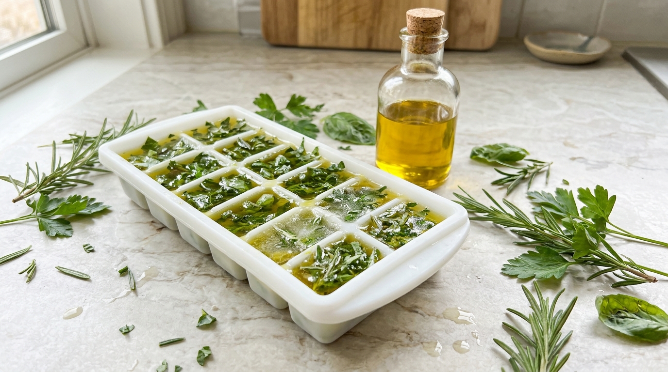 Ice cube tray of chopped herbs frozen in olive oil