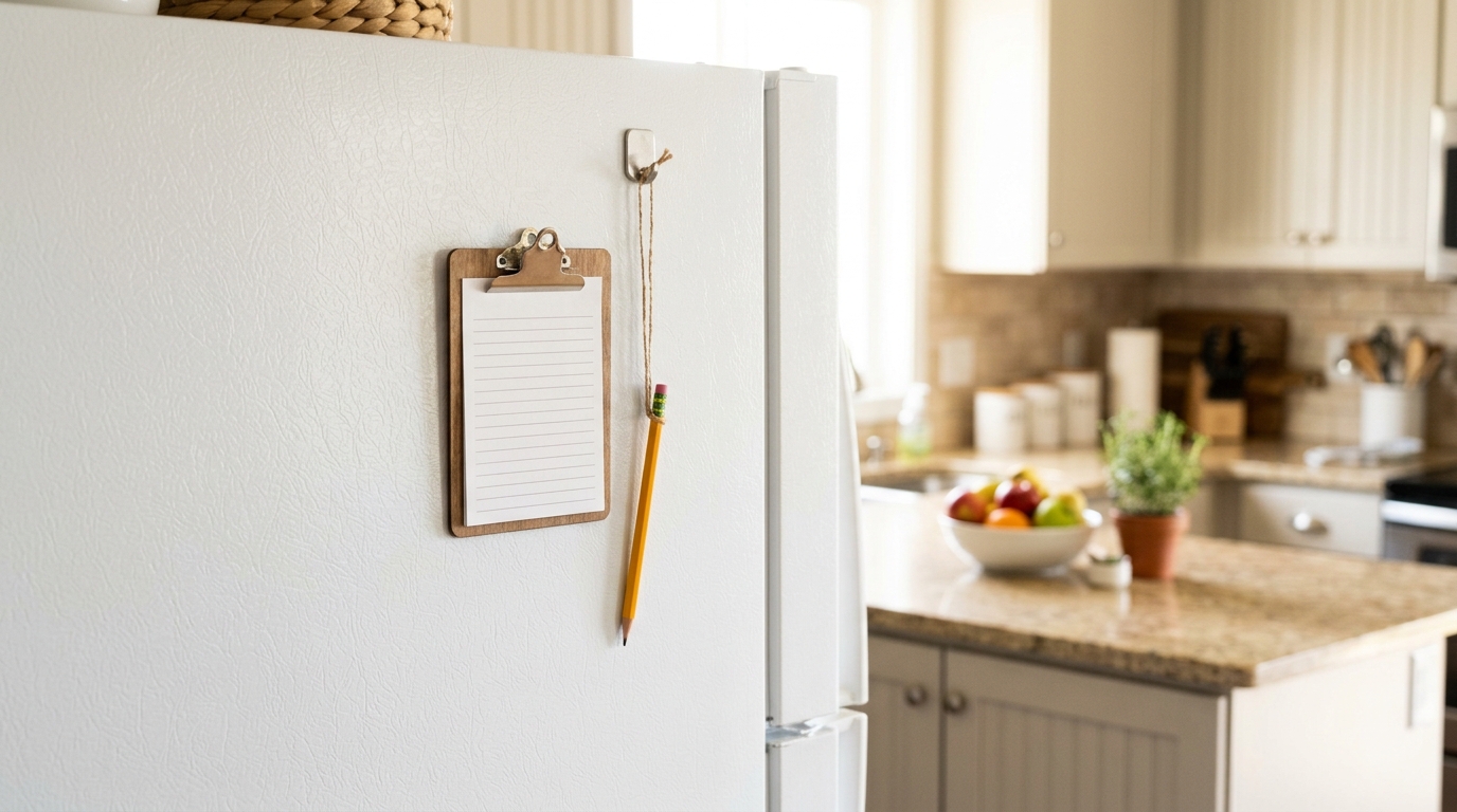 Clipboard freezer list hanging on a freezer door