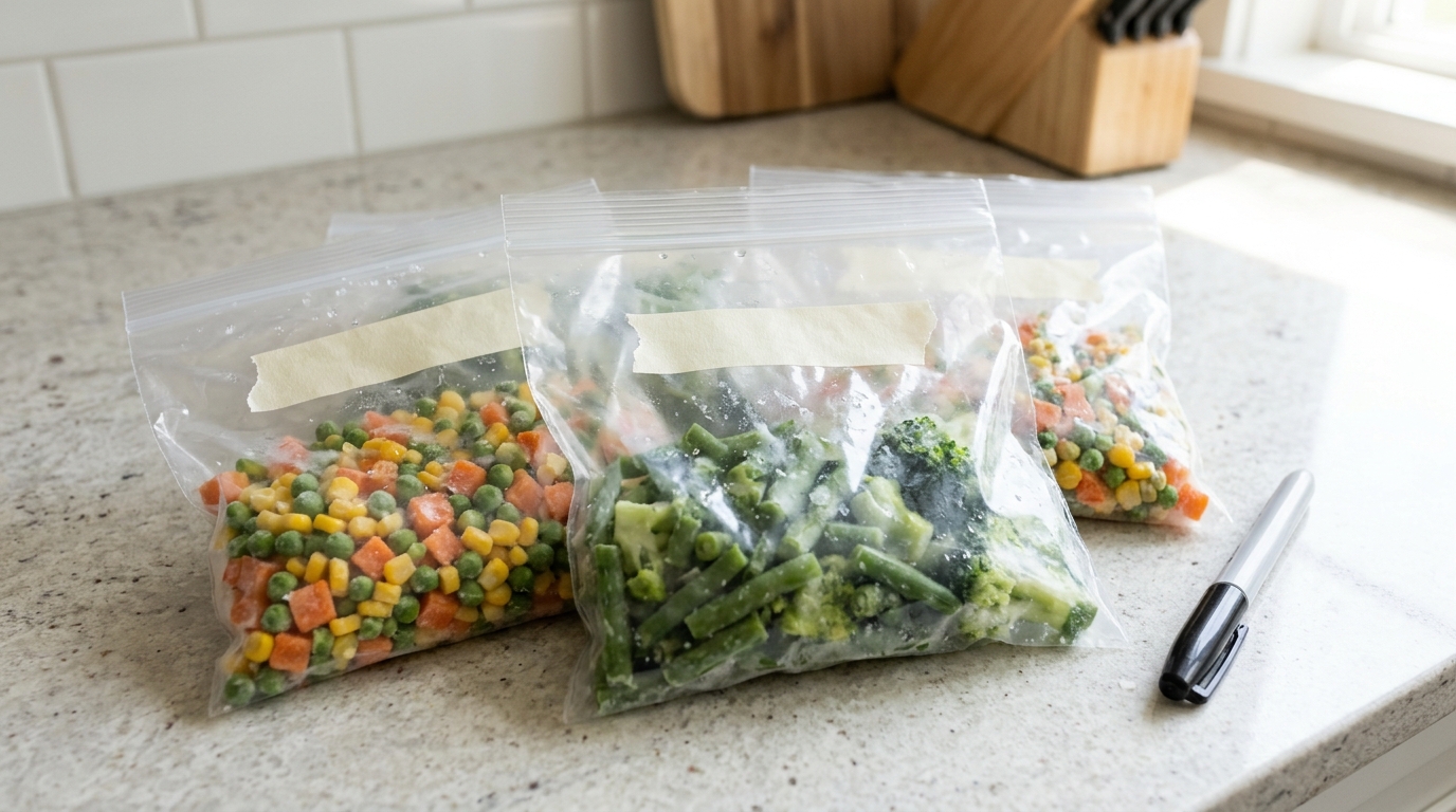 Flat freezer bags with blank masking tape labels and a marker