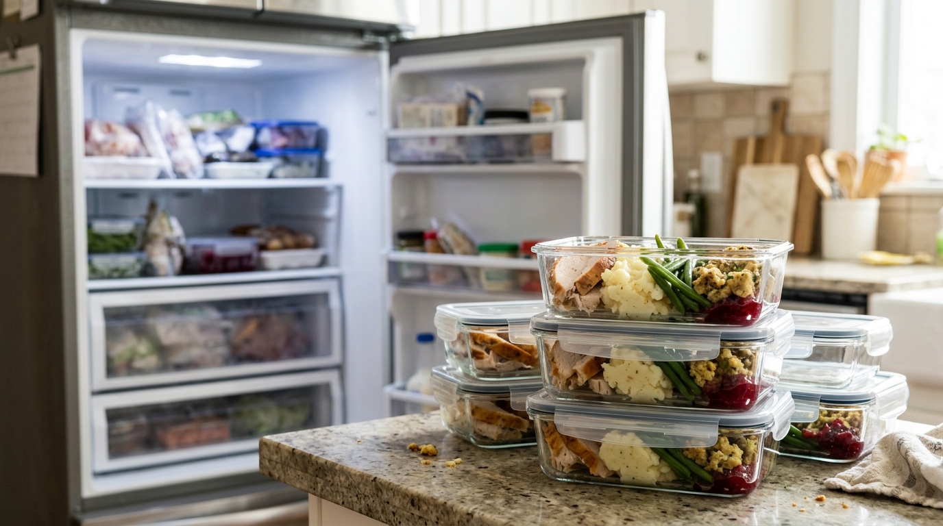 Freezer storage tricks with holiday leftovers packed in meal sized glass containers