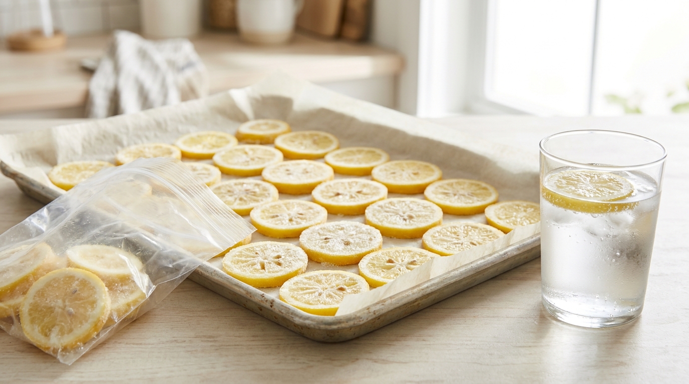 Frozen lemon slices on a tray and in a glass of water