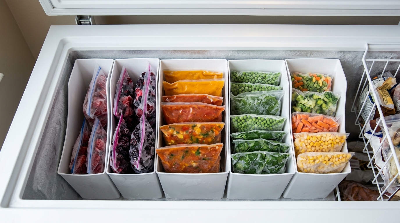 Freezer storage tricks using magazine holders to file frozen bags in a chest freezer
